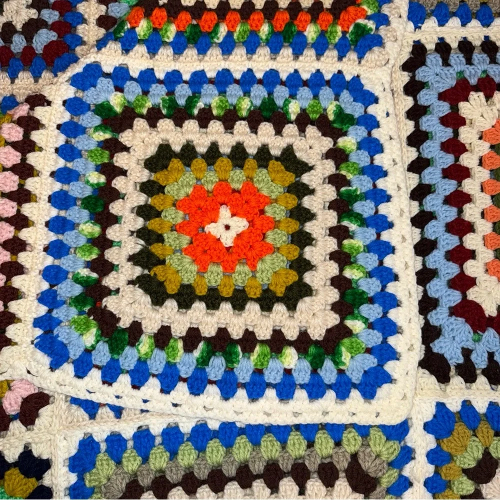 Vintage Boho Knitted Colorful Large Granny Square Afghan Blanket throw 80x84 - Picture 4 of 5